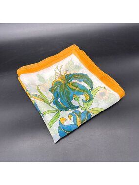 Vintage Floral Scarf 1970s Sheer Blue Harvest Gold Yellow Flowers Retro Fashion